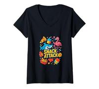 Donna Snack Attack Funny Food Flamingo Bambini Bambini Shark School Maglietta con Collo a V