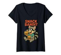 Donna Snack Bandit Raccoon Mangiare Hamburger Retro 90`s Cartoon Style Maglietta con Collo a V