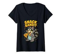 Donna Snack Bandit Raccoon Mangiare Pizza Retro 90`s Cartoon Style Maglietta con Collo a V
