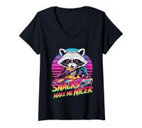 Donna Snacks Make Me Nicer Funny 80s 90s Raccoon Retro Meme Animal Maglietta con Collo a V