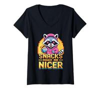 Donna Snacks Make Me Nicer Funny Raccoon Pixel Meme Animal Maglietta con Collo a V