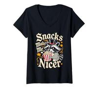 Donna Snacks Make Me Nicer Funny Raccoon Popcorn Meme Animal Maglietta con Collo a V
