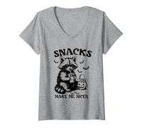 Donna Snacks Make Me Nicer Halloween Procione Spooky Stagione Autunno Maglietta con Collo a V