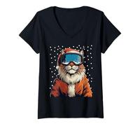 Donna Snow Christmas Bobcat Santa in Ski Goggles Sciatore Snowboarder Maglietta con Collo a V