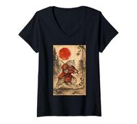 Donna Snow Leopard Samurai Warrior Japanese Vintage Graphic Humor Maglietta con Collo a V