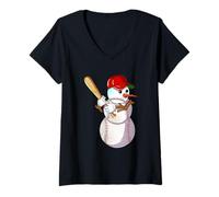 Donna Snowman Di Baseball Invernale Con Una Mazza Da Baseball Maglietta con Collo a V