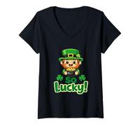 Donna So Lucky Leprechaun Carino Irlandese Clover St Patricks Day Maglietta con Collo a V