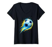 Donna Soccer Ball Colorful Effect Tie Dye Blu Bianco Giallo Calcio Maglietta con Collo a V