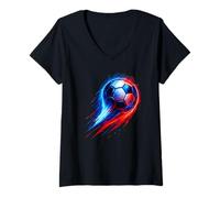 Donna Soccer Ball Colorful Effect Tie Dye Blu Bianco Rosso Calcio Maglietta con Collo a V