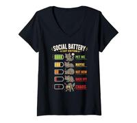 Donna Social Battery Cat Edition Pet Me Chaos Divertente Maglietta con Collo a V