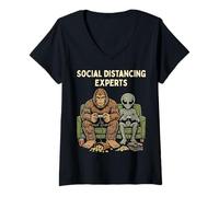 Donna Social Distancing Experts Funny Mythical Duo Bigfoot Alien Maglietta con Collo a V