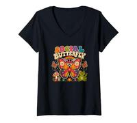 Donna Sociale Farfalla Hippie Fiore Potenza Pace Vibes Ragazze Felice Maglietta con Collo a V