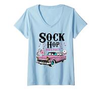 Donna Sock Hop 50s Classic Car Rockabilly 1950s Dance Party Retro Maglietta con Collo a V