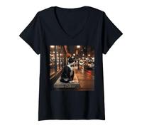 Donna Sofisticato Smoking Cat Ice Coffee Drinker Urban Night Maglietta con Collo a V