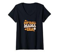 Donna Softball Mama Era Retro Groovy Baseball Mom Vibes Love Cute Maglietta con Collo a V