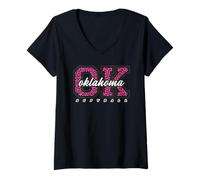 Donna Softball retrò Oklahoma, Rosa, Leopardato, Stile Varsity State Art Maglietta con Collo a V