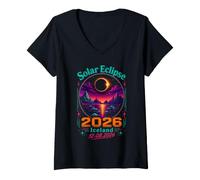 Donna Solar Eclipse 2026 Iceland Retro Synthwave Design Maglietta con Collo a V