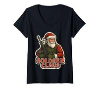 Donna Soldato Claus Militare Santa Buon Natale Forze Armate Maglietta con Collo a V