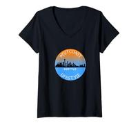 Donna Sole & Acqua Seattle Paesaggio Urbano Silhouette Costa Occidentale Maglietta con Collo a V