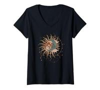 Donna Sole e Luna Celeste Boho Mistico Hippie Anni '90 Maglietta con Collo a V
