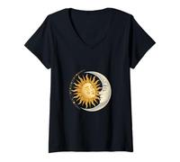 Donna Sole e Luna Viso Abbracciano Armonia Cosmica Arte Maglietta con Collo a V