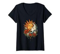 Donna Sole e Luna Volti Fiori Vintage Boho Celeste Art Maglietta con Collo a V