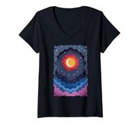 Donna Sole Luna Stelle Notte Nuvole Morbide Celeste Cosmo Cielo Maglietta con Collo a V