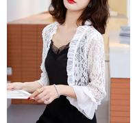 Donna Solido Pizzo Forato Bolero Coprispalle Increspatura Giacca Top Corto Chic