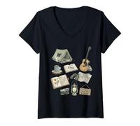 Donna Solo Nature - Diario da Campeggio, Vintage, con Icone della Foresta Maglietta con Collo a V
