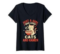 Donna Solo Una Ragazza Che AMA i Gatti e Il Ramen Cute Kawaii Cat Noodle Maglietta con Collo a V