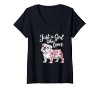 Donna Solo Una Ragazza Che AMA Il Tatuaggio Floreale del Bulldog Inglese Maglietta con Collo a V