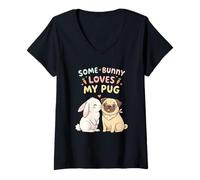 Donna Some Bunny Loves My Pug, Simpatico Design a Forma di Cane Pasquale per Bambini e Donne Maglietta con Collo a V