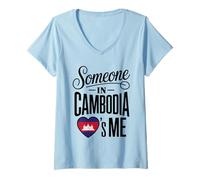 Donna Someone in Cambodia Loves Me Heart Flag Theme Maglietta con Collo a V