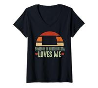 Donna Someone in North Dakota Loves Me Retro Vintage Stato Maglietta con Collo a V