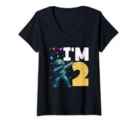 Donna Sono 2 Ragazzo astronauta Dabbing di un anno È il mio secondo compleanno Maglietta con Collo a V