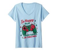 Donna Sono così Felice di Giocare Ai Videogiochi A Natale Maglietta con Collo a V