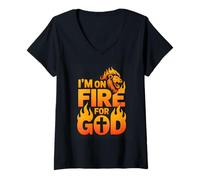 Donna Sono in Fiamme per Dio Lion Cross Flame Maglietta con Collo a V