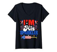 Donna Sono la sua coppia di coppie Sparkler USA 4 luglio Maglietta con Collo a V