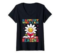 Donna Sono più felice quando leggo - Cute Book Reader Lover Bookworm Maglietta con Collo a V