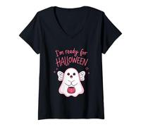 Donna Sono Pronto per Halloween Ghost Cute Spirit Maglietta con Collo a V