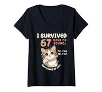 Donna Sono Sopravvissuto 67 Giorni di Scuola Cat Va Bene Six Seven Meme Maglietta con Collo a V
