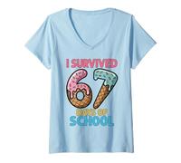Donna Sono Sopravvissuto a 67 Giorni di Scuola Gelato Sei Sette Insegnante Maglietta con Collo a V