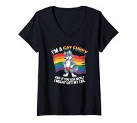 Donna Sono Un Gay Peloso Orgoglio Mese Gay LGBTQ Rainbow Fox Maglietta con Collo a V