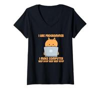 Donna Sono un programmatore, creo Computer Beep Boop Funny Cat Coder Maglietta con Collo a V