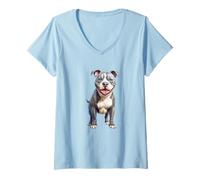 Donna Sorridente American Bully Dog Razza Opera d'Arte Amante degli Animali Domestici Maglietta con Collo a V