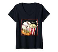 Donna Sorridente Baseball Popcorn e Hot-Dog Cartoon Abbigliamento Maglietta con Collo a V