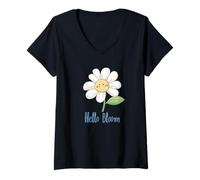 Donna Sorridente Fiore Costume con Hello Bloom Maglietta con Collo a V