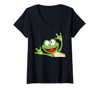 Donna Sorridente Rana Felice Divertente Salto Maglietta con Collo a V