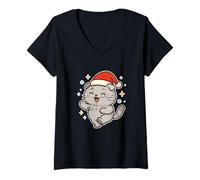 Donna Sorridente Santa Cat Holiday Cheer Maglietta con Collo a V