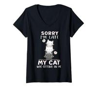 Donna Sorry I'm Late My Cat Was Sitting Kitty Divertente Donne Uomini Bambini Maglietta con Collo a V